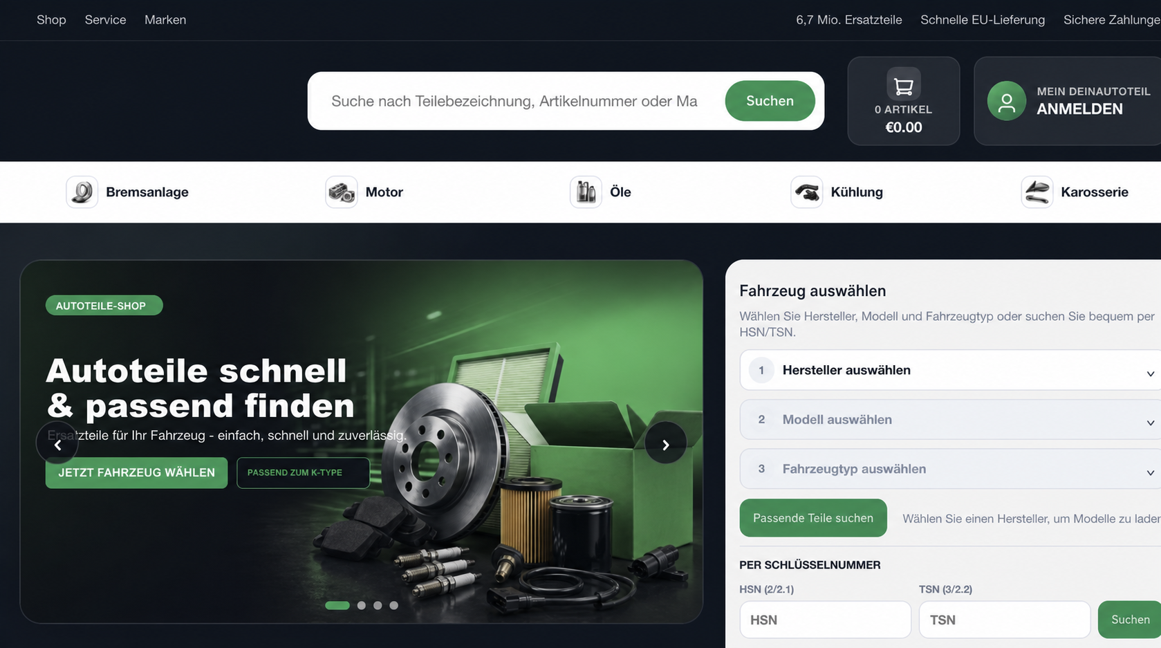 Autoteile-Shop in EC4YOU Grün mit Fahrzeugauswahl und Teilesuche