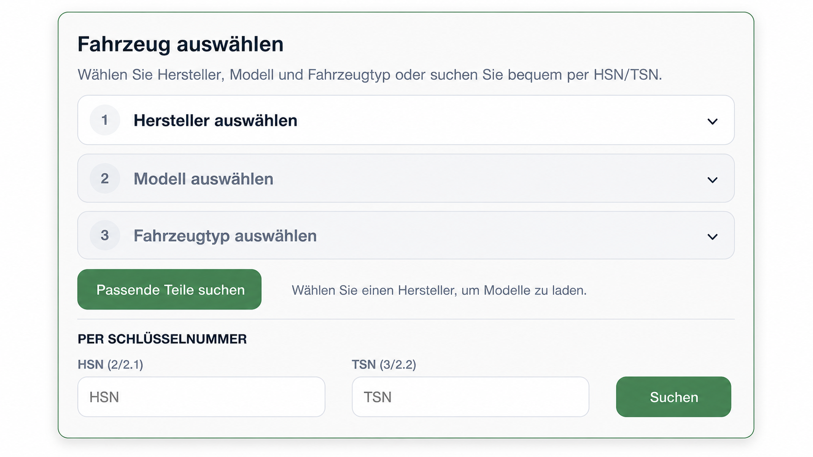Detailansicht der K-Type- und HSN-TSN-Fahrzeugauswahl