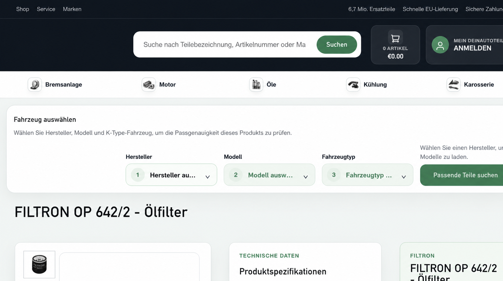 Grüne Produktdetailseite mit Fahrzeugprüfung und technischen Daten
