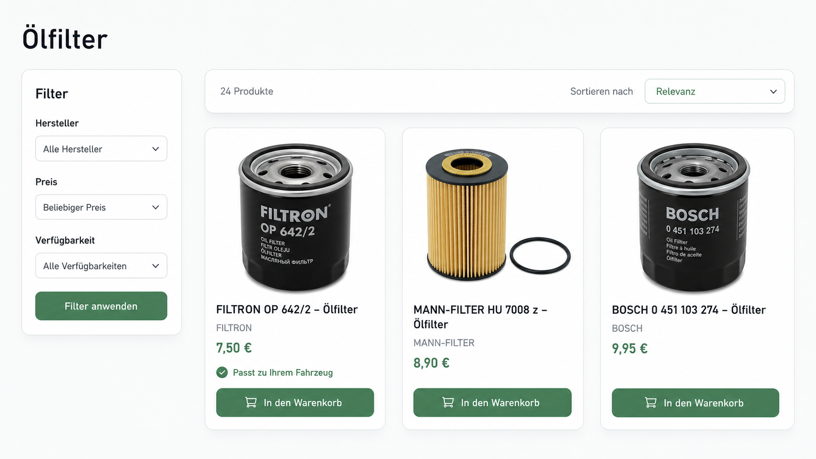 Produktübersicht für Ölfilter mit Filtern und Warenkorb