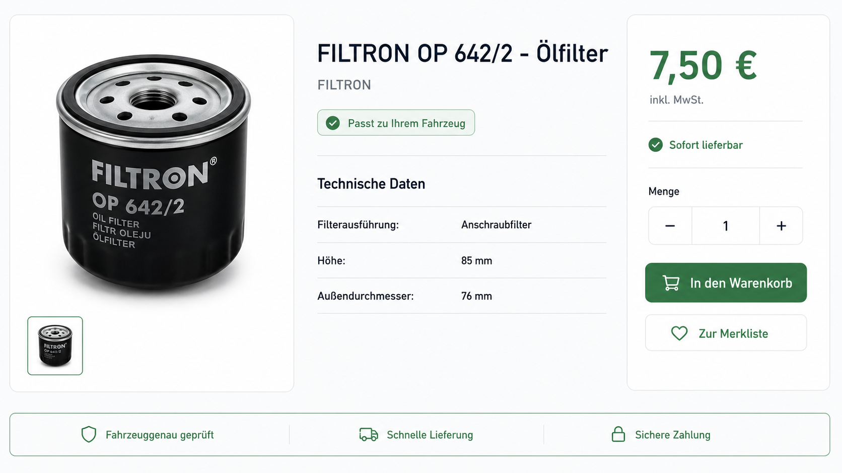Vollständige Single-Product-Seite für einen FILTRON Ölfilter